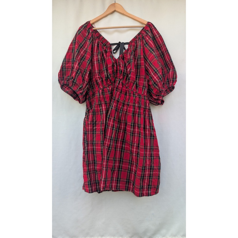 Old Navy Red Tartan Dress Womens 3X Plaid Puff Sleeve Smocked Cotton Holiday